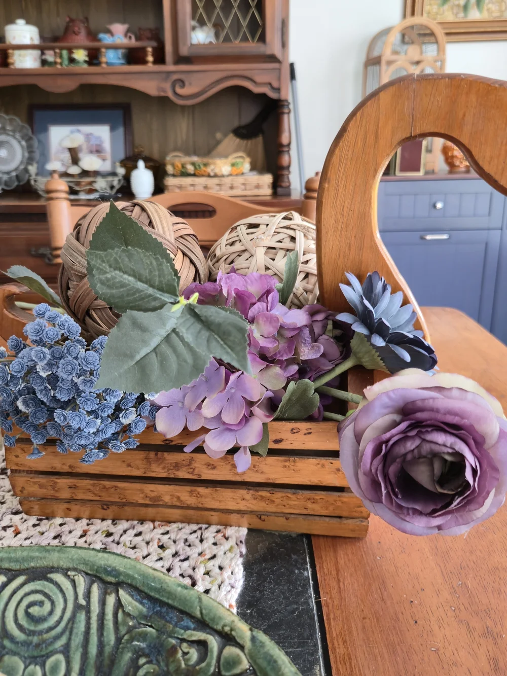 Neutral Wood Crate with Purple Floral Arrangement - Home Accents